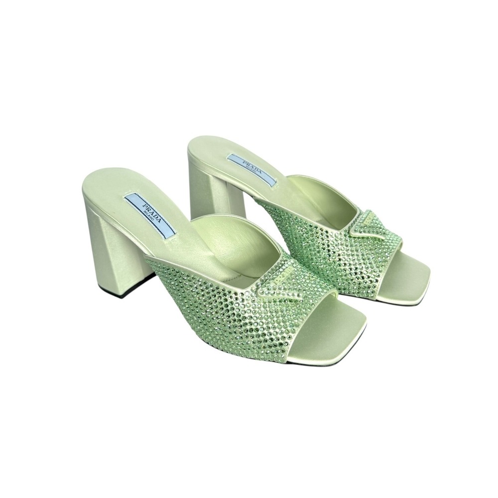 Prada 1XX642 Satin Crystal Embellished Acqua Slide Heel Sandals, 36.5 - Picture 3 of 16